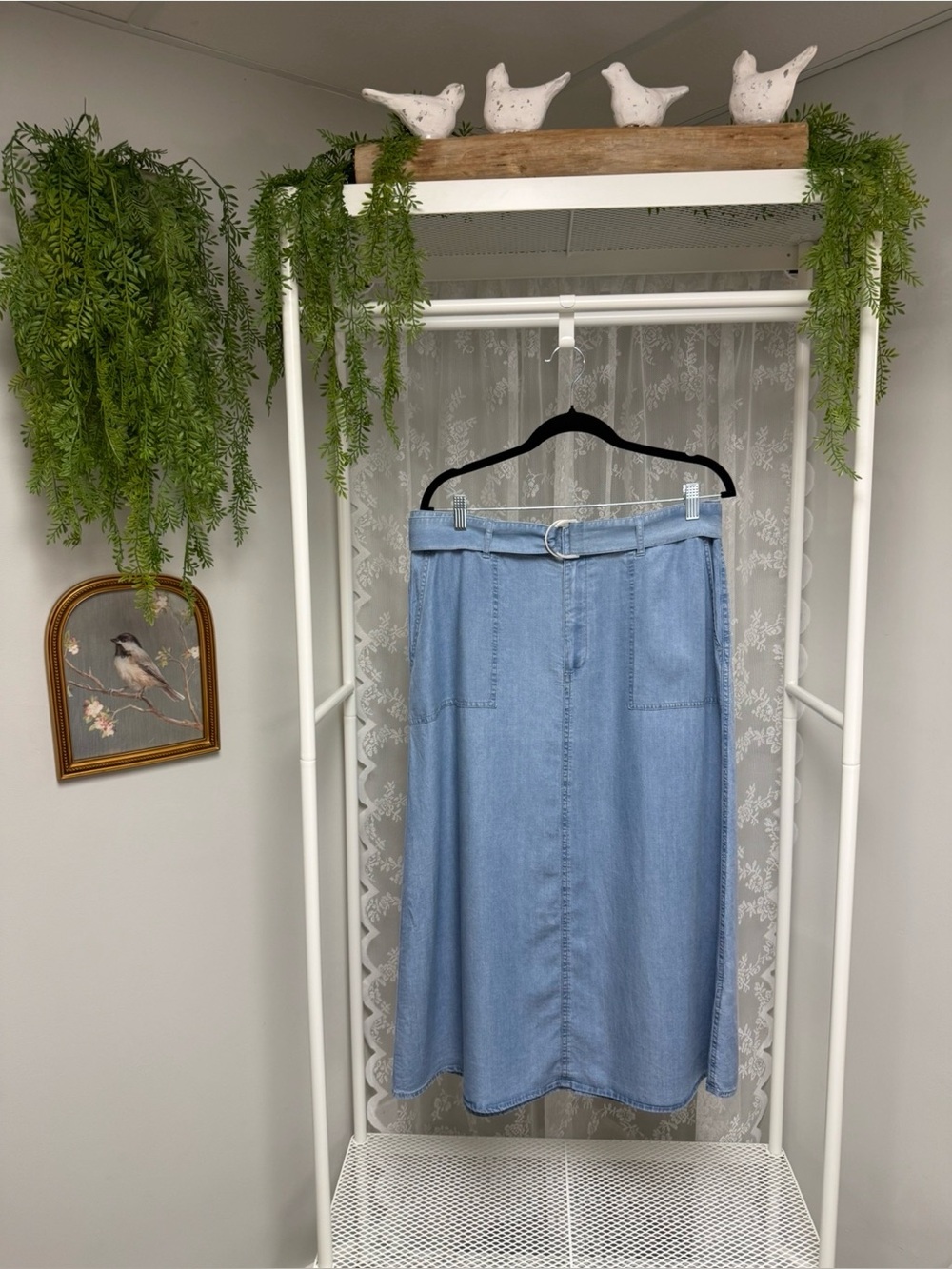 Simon’s Blue Denim A-Line Midi Maxi Skirt Belted Pockets Boho Classic - Size L